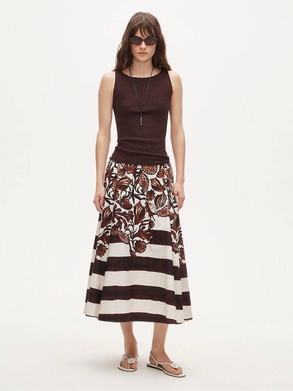 J. Crew Brown and White Striped Lobster Seashell Midi Skirt